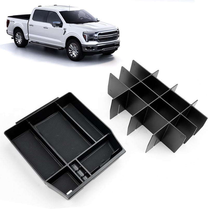 ELECFRESH 2PCS Center Console Organizer for 2024 2023 2022 2021 Ford F150 Accessories, Armrest Storage Box and 16-Compartments Divider for Ford F150 - Image 1